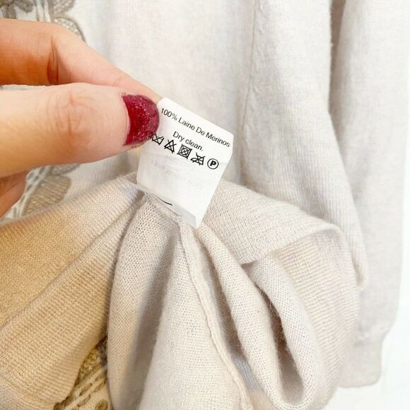 J. CREW Womens S Beige Embroidered Sweater Merino Wool Side Flare Loose Fit - Picture 3 of 9